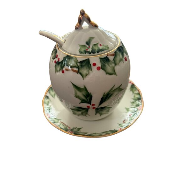 Vintage Lefton China “Holly & Berry”   Sugar Bowl W/ Lid Spoon & Saucer - Picture 3 of 8